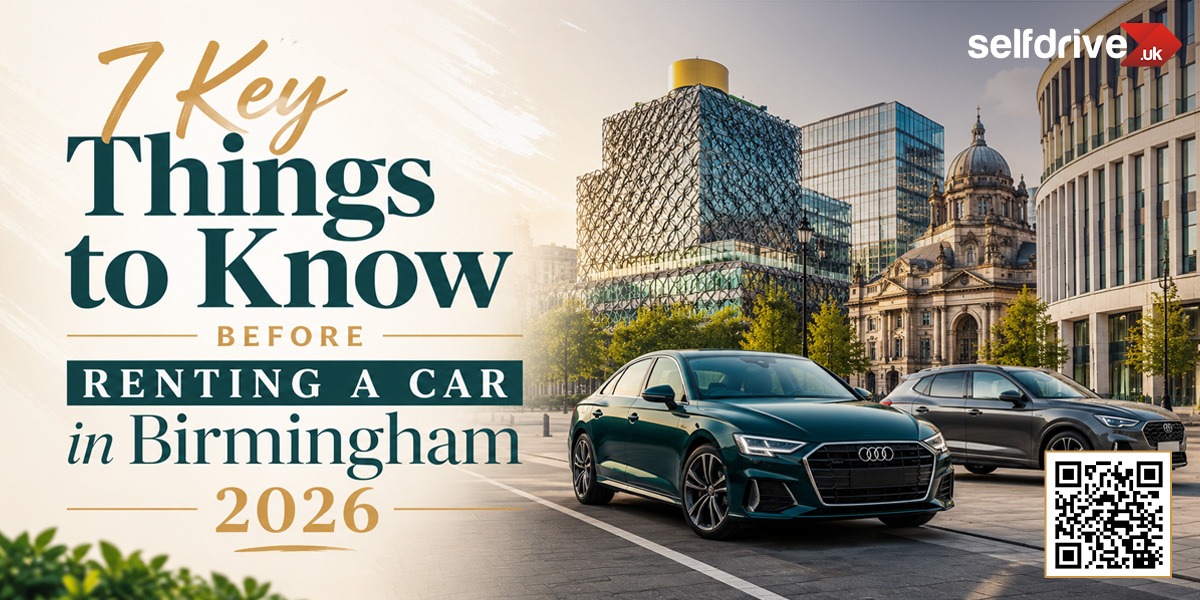 Stylish Audi cars on a Birmingham street with modern buildings in the background. Text: '7 Key Things to Know Before Renting a Car in Birmingham 2026.' QR code and 'selfdrive uk' logo included.